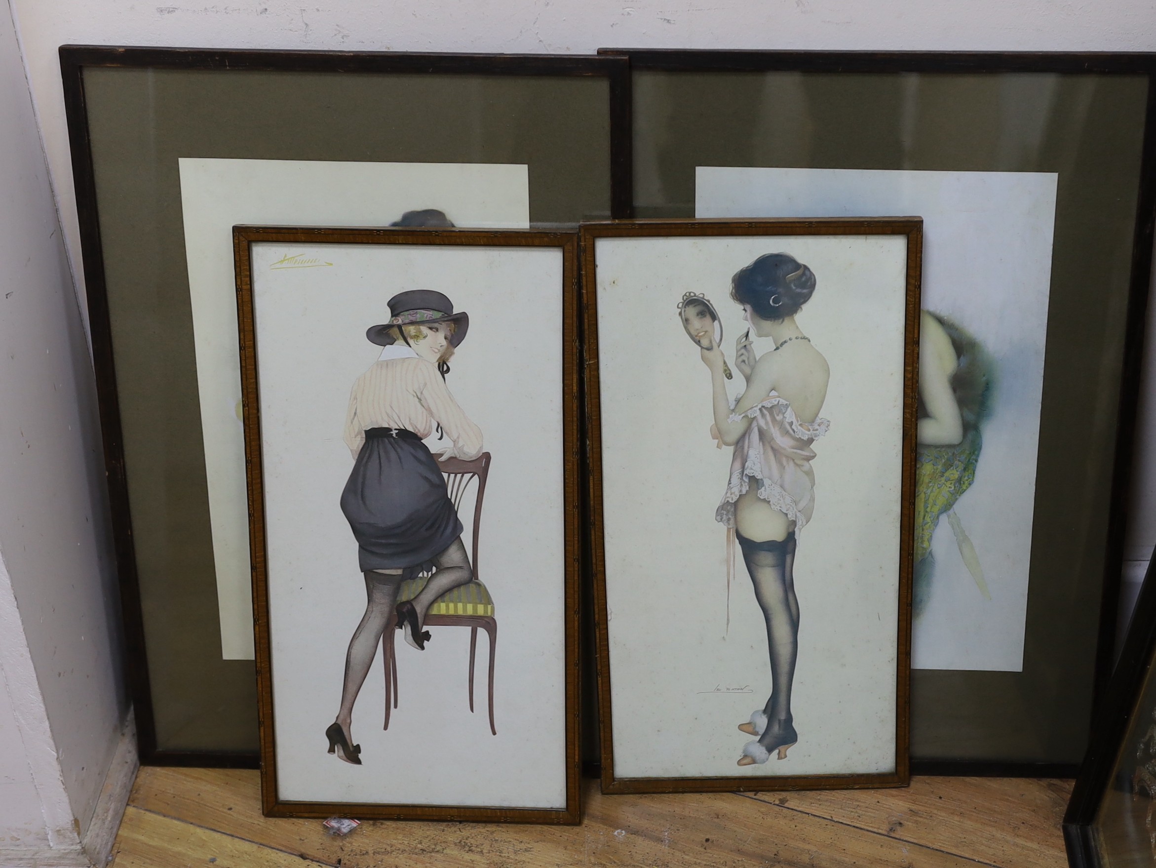 After Raphael Kirchner, pair of colour prints, Studies of beauties, 34 x 22cm and a pair of similar prints, after Leon Fontan